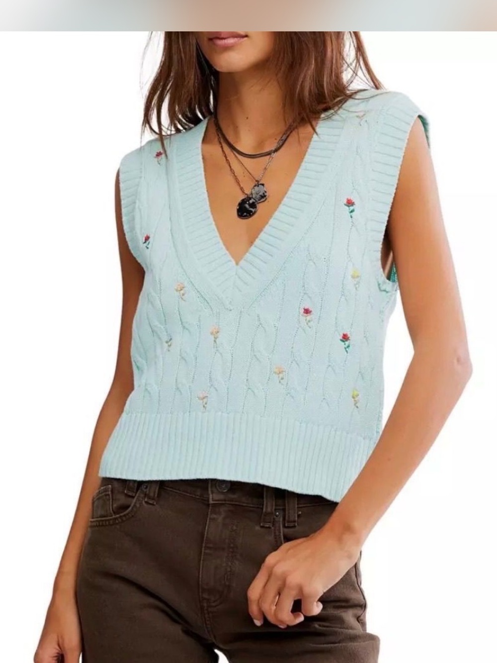 87V.New Free People Plumeria Floral Sleeveless Sweater embroidered oversized